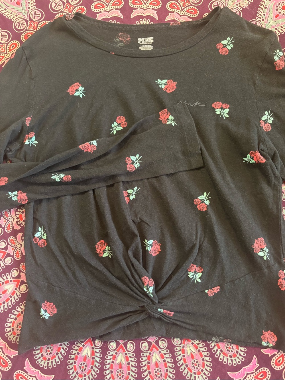 PINK Victoria's Secret Black Long Sleeve Top with Red Rose Print